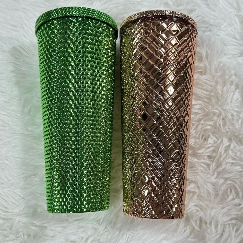 Starbucks 2 Studded Tumbler Cold Cup 24oz Rose Gold And Metallic Green. NO STRAW